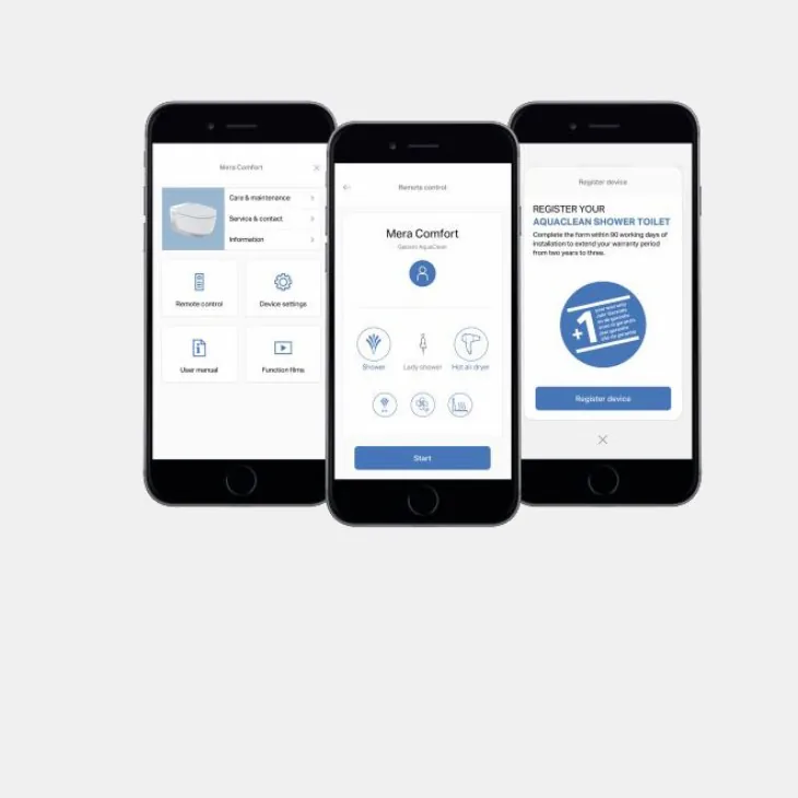 Écrans de l’application Geberit Home présentés dans la tuile des outils et applications.