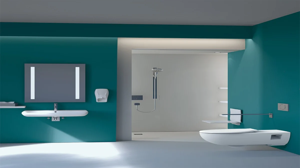 Salle de bains Geberit Selnova Comfort avec lavabo accessible, WC suspendu et barre d’appui.
