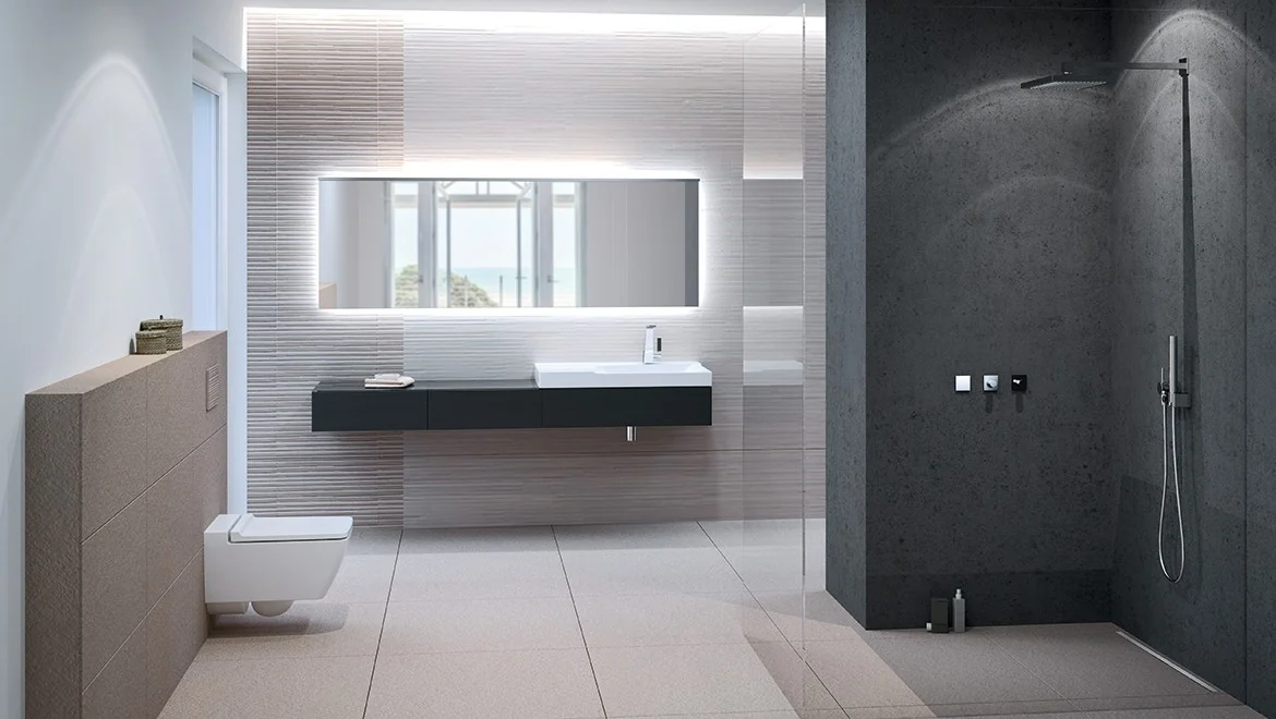 Salle de bains Geberit Xeno² avec double vasque, WC suspendu et douche.